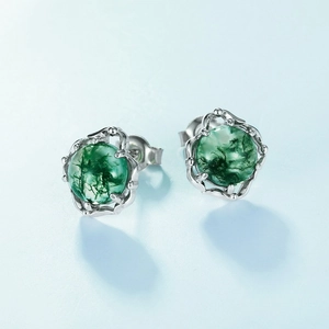 Minimalist S925 sterling silver stud earrings featuring round green moss agate stones