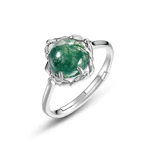 Women S925 Sterling Silver Moss Agate Adjustable Open Ring Round Green Natural Stone Inlaid Minimalist Botanical Jewelry Gift