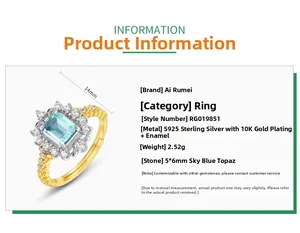 Detailed size specifications for S925 silver 10K gold plated Sky Blue Topaz ring