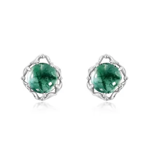 925 Sterling Silver Moss Agate Stud Earrings For Women Natural Green Stone Geometric Irregular Earrings Niche Jewelry