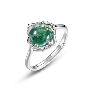 Elegant 925 sterling silver ring with natural green moss agate stone and adjustable band