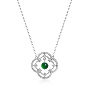 Collier En Argent Sterling 925 Pierre Verte Émeraude Naturelle Pendentif Lotus Évidé Fleur De Fenêtre Künstliche Perles