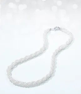 Detailed view of the multi-strand twisted seed pearl necklace with silver spring clasp