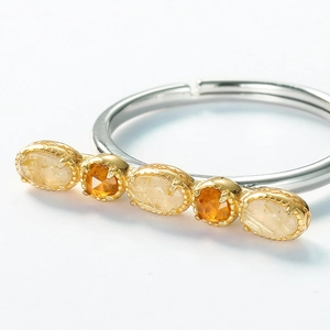 Minimalist silver gold-plated ring with orange garnet and rutilated quartz gemstones