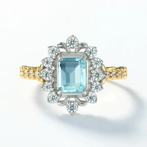 Luxurious S925 silver ring with rectangular blue topaz and two-tone textured band