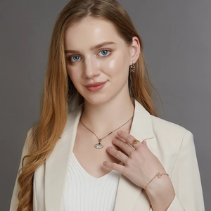 Model wearing vintage rose gold jewelry set with fan-shaped pendant and floral ring