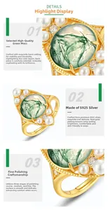 Detail showing S925 silver 10K gold plating, green moss agate and handmade setting