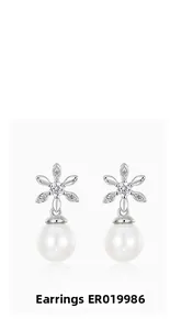 Close-up of S925 silver flower earrings with freshwater pearls and shimmering zircons