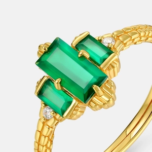 Green agate S925 silver ring with three emerald-cut stones and textured band detail