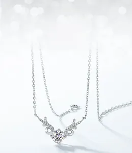 Close-up of S925 sterling silver elk pendant with sparkling moissanite and zircon stones