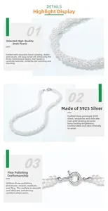 Macro detail of high-quality shell pearls and S925 silver clasp on a layered necklace
