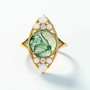 925 silver 10K gold moss agate ring featuring small white pearls and round diamonds