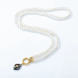 Double-layer pearl necklace with abalone shell pendant and golden OT clasp