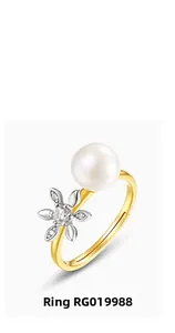 Detailed macro view of adjustable golden band with S925 silver flower and pearl