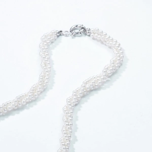 Elegant double-layered braided pearl necklace with polished silver spring clasp for women