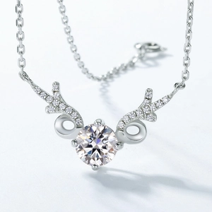 Elegant S925 sterling silver elk horn necklace featuring a brilliant round moissanite stone
