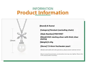 Detailed spec view of S925 silver magnolia pendant with 7.5-8mm freshwater pearl