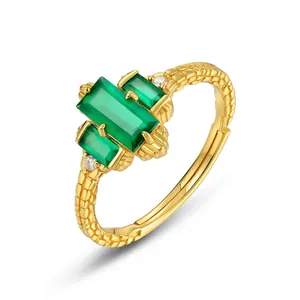 925 Sterling Silver Green Agate Adjustable Ring 10K Gold Plated Vintage Geometric Gemstone Fashion Jewelry For Women