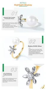 Macro view of S925 silver ring featuring freshwater pearl and diamond floral detail