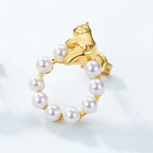Elegant S925 silver bear and pearl hoop earrings with a gold finish for women