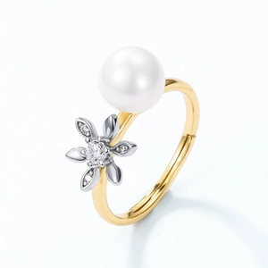 Elegant S925 silver orchid ring with white freshwater pearl and gold plating