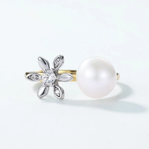 Fashion orchid freshwater pearl S925 silver ring with white pearl and zircon flower