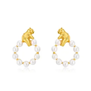 Cute 3D Bear Animal Artificial Pearl Hoop Earrings Gold Plated Jewelry With 925 Sterling Silver Earring Post For Women