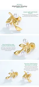 Detail of 18K gold-plated leaf earring with lustrous shell pearl and polished finish
