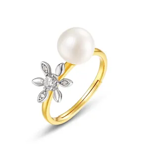 S925 Sterling Silver Orchid Ring For Women 10K Gold Plated Freshwater Pearl Rhinestone Adjustable Open Ring Fine Jewelry