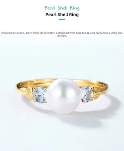 Detailed view of S925 silver pearl shell ring with blue topaz and 18K gold finish