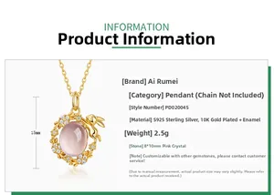Detailed size specifications for S925 silver rabbit pendant with 8x10mm rose quartz gem