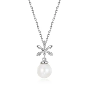 925 Sterling Silver Magnolia Flower Pendant Necklace With Natural Freshwater Pearl Rhinestone Elegant Jewelry For Women