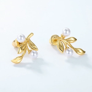 Elegant gold leaf and pearl stud earrings made of S925 sterling silver in minimalist design