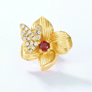 Floral 925 silver 10K gold plated ring with red garnet stone and butterfly accents