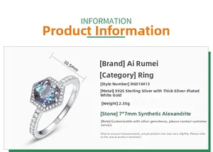 Detailed specs of S925 silver ring with 7x7mm hexagonal blue-purple alexandrite stone
