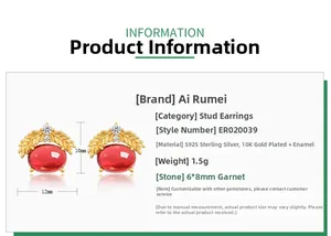 Boucles d'oreilles épi de blé en argent S925, grenat et placage or 10K avec diamants