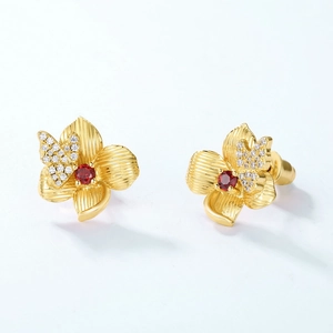 925 silver 10K gold plated flower earrings with red garnet and crystal butterfly