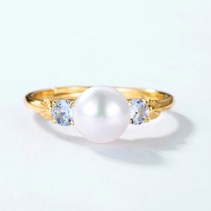 French vintage S925 silver gold plated ring with round white pearl and blue topaz