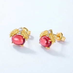 Boucles d'oreilles épi de blé en argent S925 avec pierres rouges ovales de style français