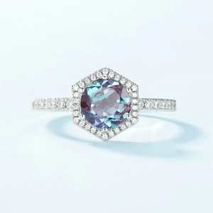 Minimalist S925 sterling silver alexandrite halo ring with hexagonal pave diamond setting