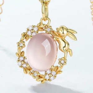 S925 Sterling Silver Rabbit Necklace with Natural Rose Quartz Pendant in Gold Finish