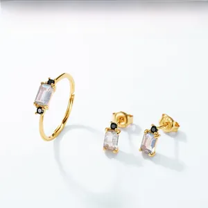 Detail view of gold S925 silver jewelry set with rectangular labradorite stones