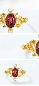 Detailed macro view of vintage crown ring with red garnet and white pearls on silver