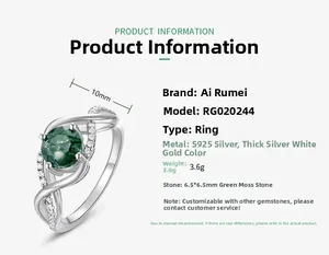 Detail view of S925 silver ring with 6.5mm green moss agate stone and wavy band