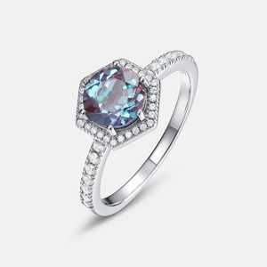 Minimalist geometric S925 silver ring featuring hexagonal halo and color-changing stone