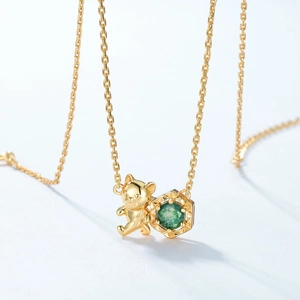 Cute bear necklace in gold finish with a green stone pendant and S925 silver chain