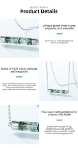 Macro view of S925 silver cylinder necklace with green moss agate stone detail