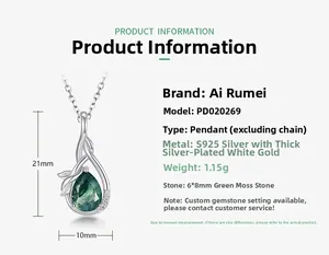 Macro detail of teardrop S925 silver pendant with 6x8mm green moss stone and crystals