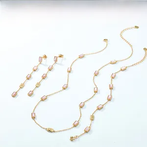 Detail view of pink shell geometric drop earrings and necklace set in gold finish