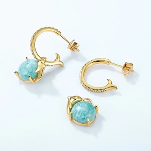 S925 sterling silver dolphin earrings and pendant set with blue amazonite stones
